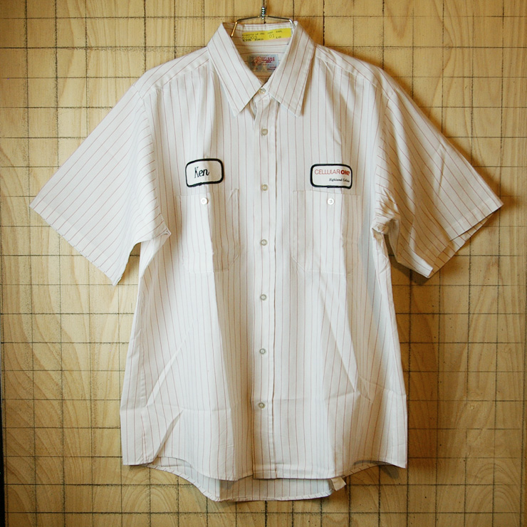 【RED KAP】古着USA製ホワイトCELLULARONE半袖ストライプワッペンワークシャツ|メンズL|sy-s-83