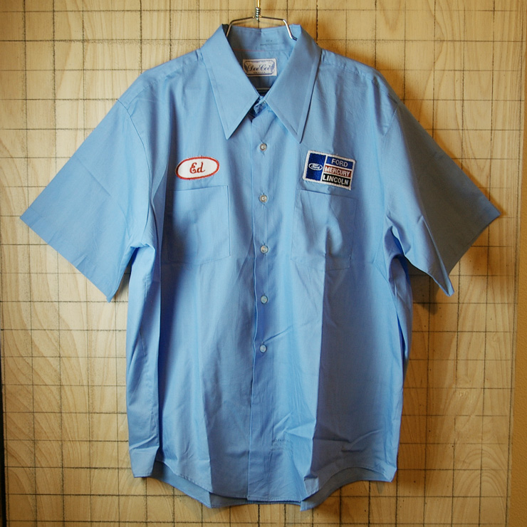 【DeeCee】古着USA製ブルー(青)Ford MERCURY LINCOLN半袖モーター系ワークシャツ|メンズXL|sy-s-74