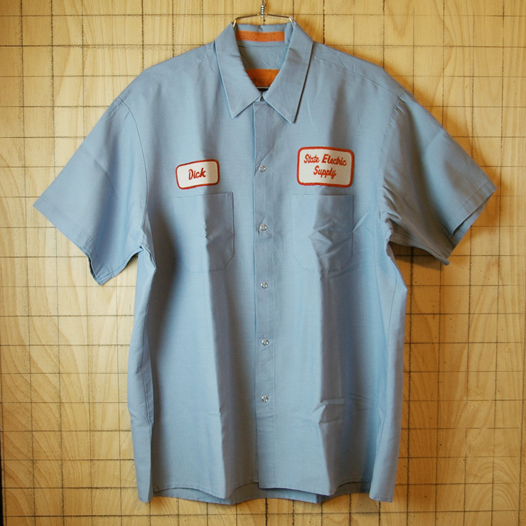 【Perfect】古着USA製ブルー(青)State Electric Supply半袖ワッペンワークシャツ|メンズLサイズ|sy-s-86