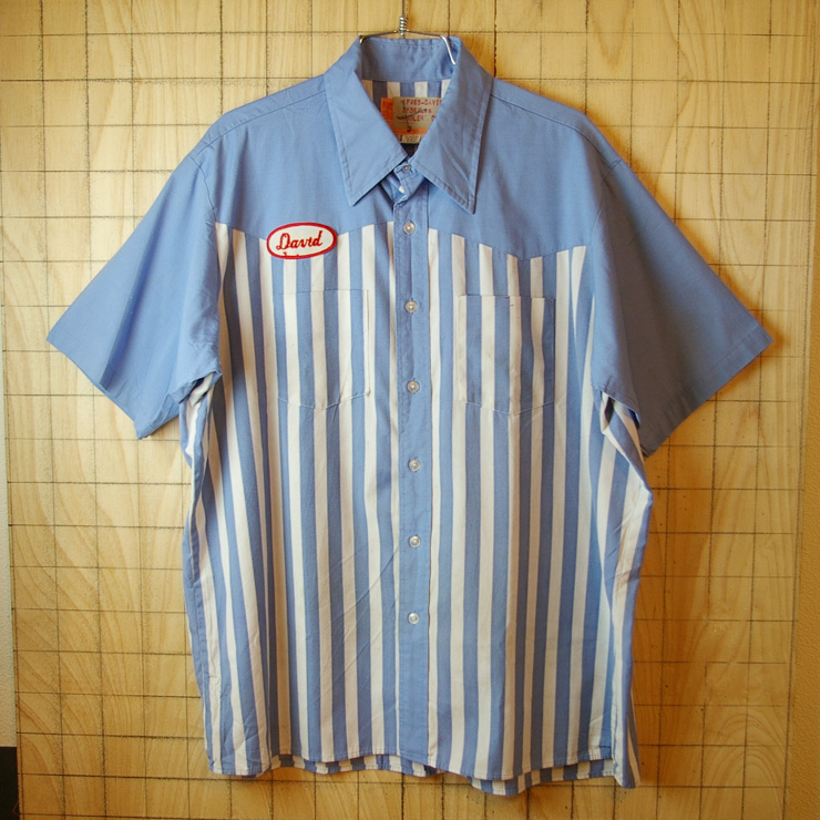 【WORK WEAR CORPORATION】古着USA製ブルーストライプ半袖ワッペンワークシャツ|メンズXL|sy-s-87