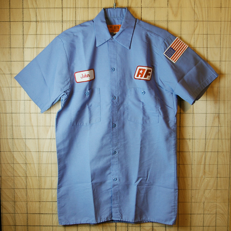 【REED】古着USA製ブルー(青)AF半袖ワッペンワークシャツ|メンズSサイズ|sy-s-94