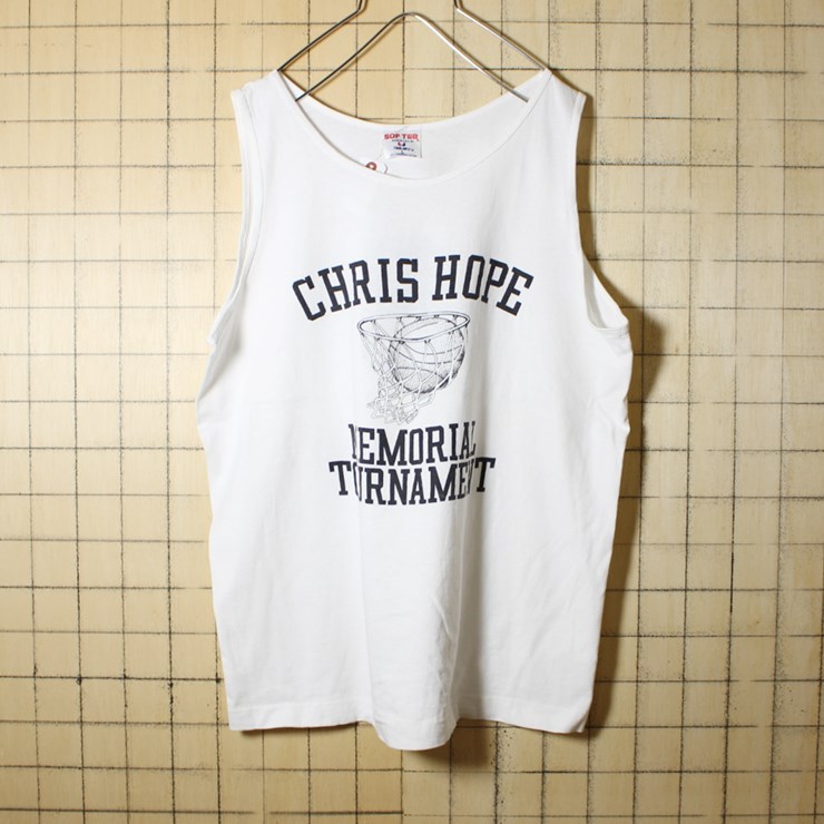 80s USA製 古着 プリント タンクトップ CHRIS HOPE MEMORIAL TOURNAMENT バスケットボール ホワイト メンズL アメリカ古着 SOF TEE