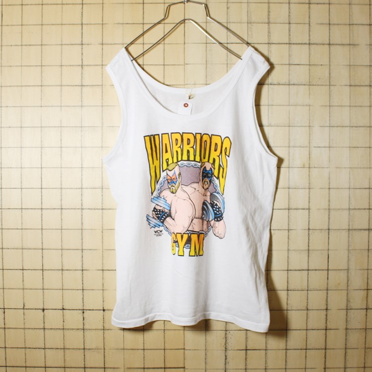 80s USA製 古着 プリント タンクトップ WARRIORS GYM ホワイト メンズL アメリカ古着 SCREEN STARS