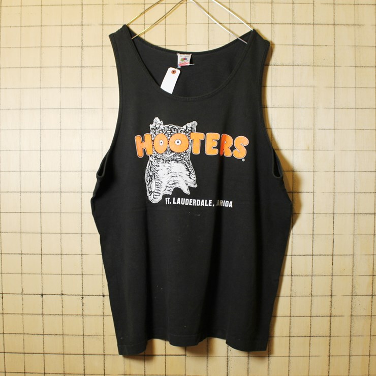 USA製 90s 古着 ブラック 両面プリント タンクトップ HOOTERS FLORIDA フーターズフロリダ フクロウ メンズXL アメリカ古着 Fruit of the Loom