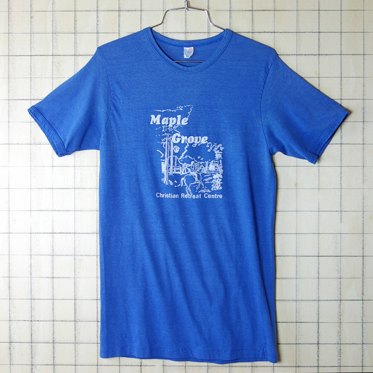 古着USA製Maple Groveブルー(青)プリントTシャツ【ABC】