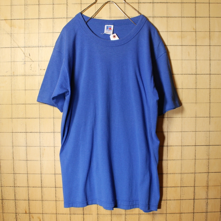 70s 80s USA製 RUSSELL ATHLETIC ラッセルアスレティック プレーン Tシャツ ブルー 青 メンズM 無地 アメリカ古着