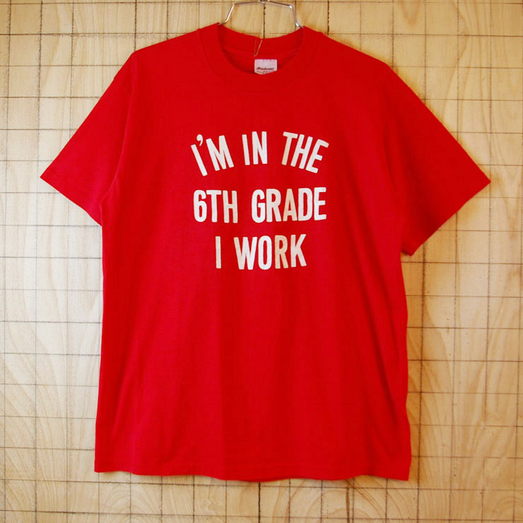 【Stedman】古着USA製レッド(赤)I'M IN THE 6TH GRADE I WORKTシャツ|メンズLサイズ