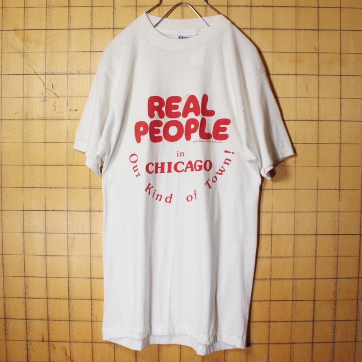 80s USA製 Hanes ヘインズ REAL PEOPLE プリント Tシャツ ホワイト 白 メンズM アメリカ古着