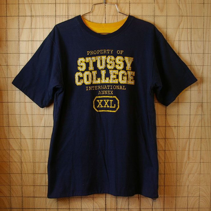 【Stussy】ステューシー古着ネイビー×イエロー(紺×黄)リバーシブルカレッジTシャツ|メンズL相当