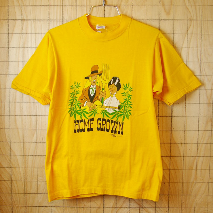 【crazy shirts】70's古着USA(アメリカ)HAWAIIイエロー(黄)HOME GROWNTシャツ|メンズM