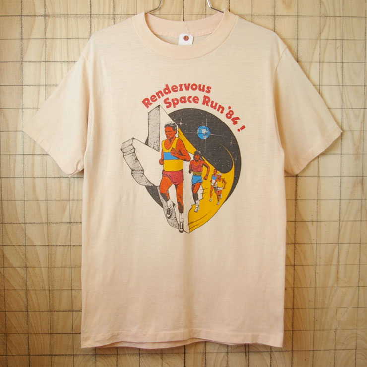 80's古着USA製ベージュRendezvous Space Run'84!プリントTシャツ|メンズM相当