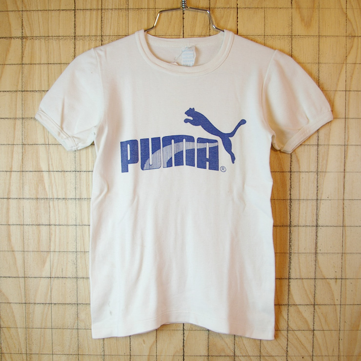 【PUMA】古着SYRIA(シリア)製ホワイト×ネイビーeuroプーマTシャツ|キッズ150cmサイズ・レディースXSサイズ相当