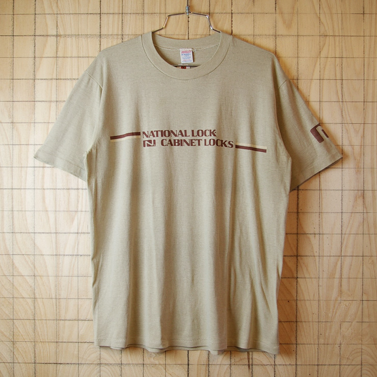 【JERZEES】USA製70's古着ブラウンベージュ(薄茶)NATIONAL LOCK CABINET LOCKSプリントTシャツ|メンズLサイズ