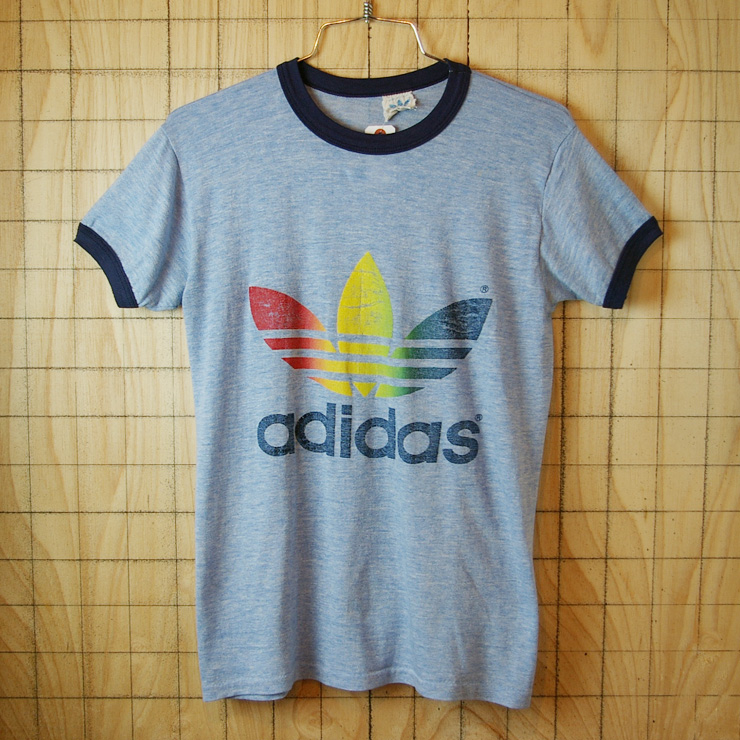 【adidas】USA製古着レインボートレフォイルブルー霜降り半袖リンガープリントTシャツ|サイズメンズS