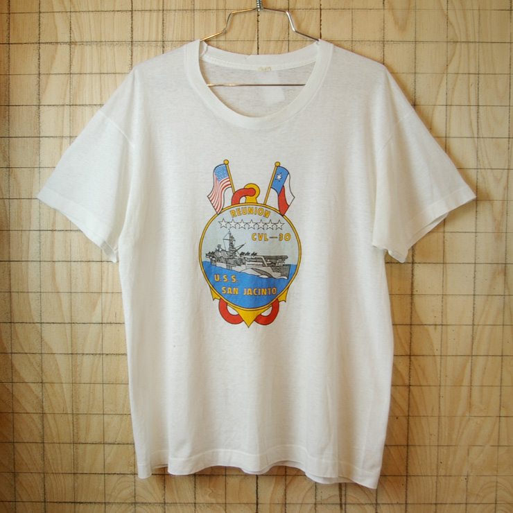 USA製ビンテージ古着REUNION CVL-30 USS SAN-JACINTO半袖プリントTシャツ|サイズメンズL相当