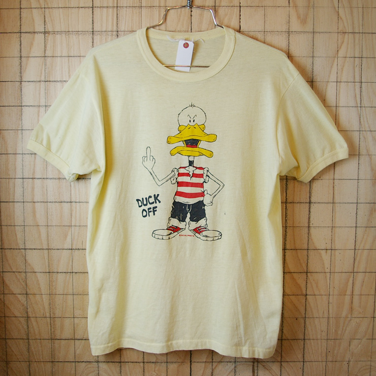 USA製古着イエローDUCK-OFFプリント半袖Tシャツ|サイズメンズL相当