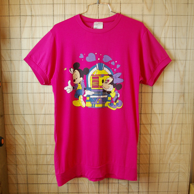 【disney】USA製古着ピンクミッキー&ミニープリント半袖Tシャツ|サイズメンズL