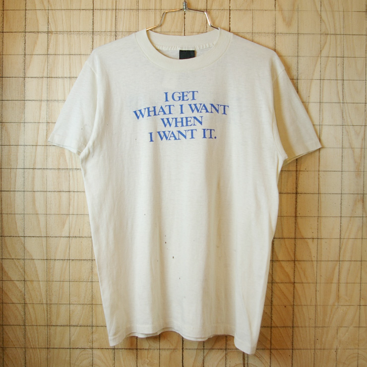 USA製ビンテージ古着ホワイトI GET WHAT I WANT WHEN I WANT IT両面プリントTシャツ|サイズメンズM相当|United Cable