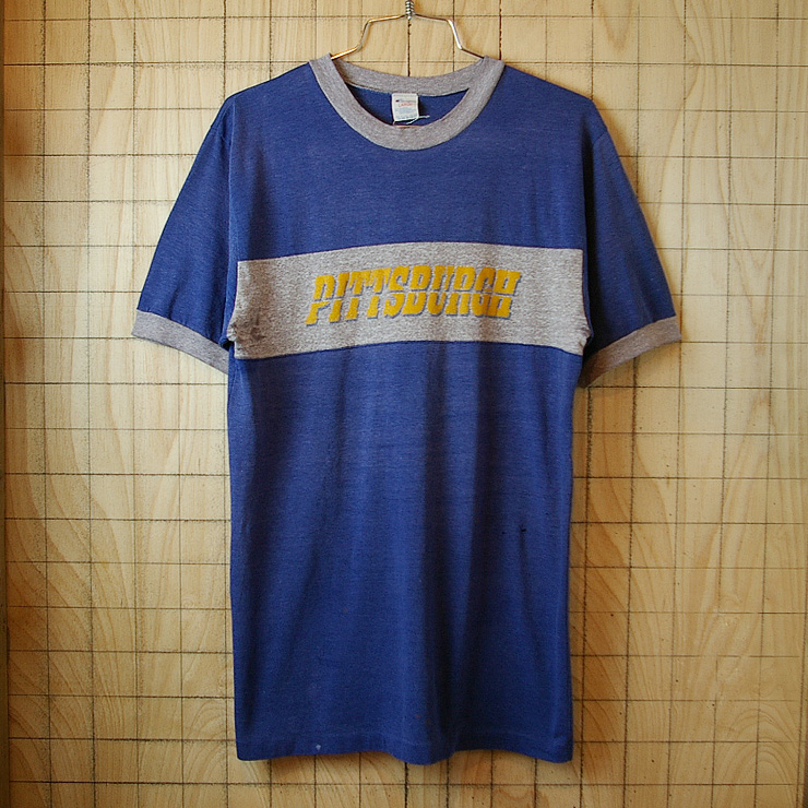 【champion】USA製ビンテージ80s古着ブルー×霜降り杢グレーPITTSBURGHプリントTシャツ|サイズメンズL|トリコタグ