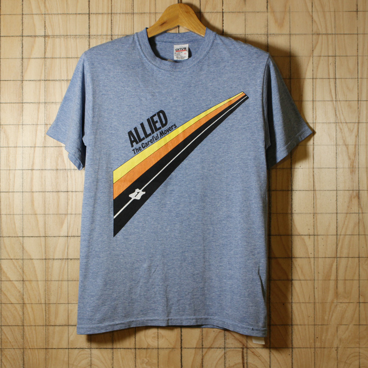 anvil/USA製古着杢ブルーALLIEDプリントTシャツ/メンズSサイズ