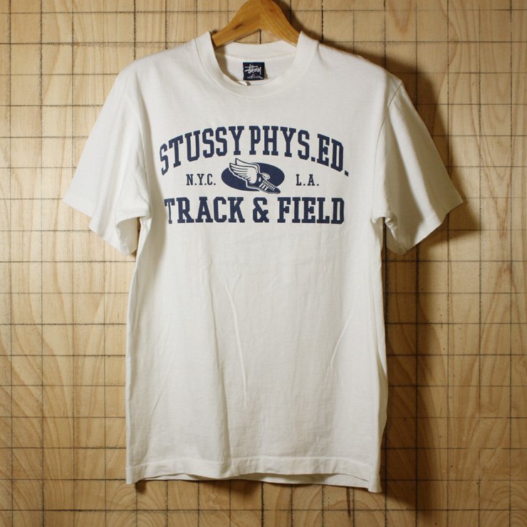 STUSSY/USA製90s古着ホワイト ウイングフットプリントTシャツ/メンズM/