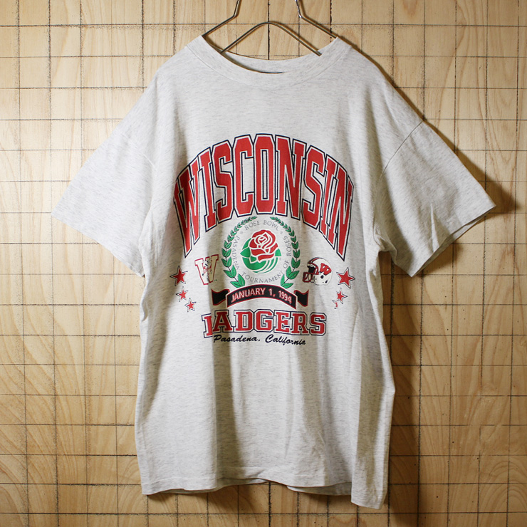 TSi/USA製90s古着/霜降り杢グレーWISCONSINプリントTシャツ/メンズLサイズ