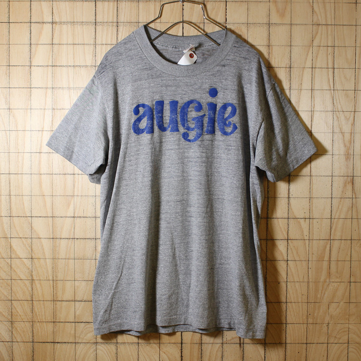 Collegiate Pacific/USA製80s古着/霜降り杢グレーaugieプリントTシャツ/メンズLサイズ