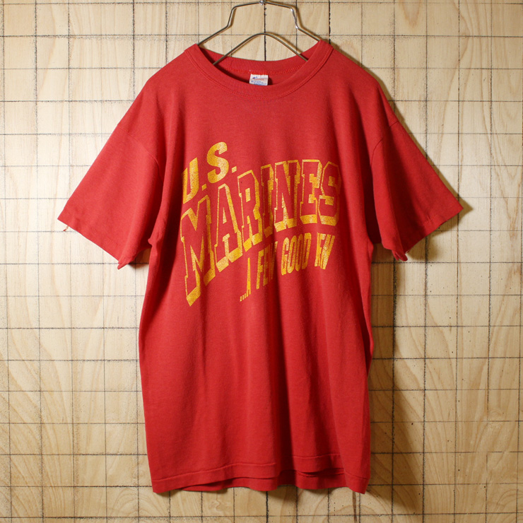 championトリコタグ/USA製80sビンテージ古着/レッドU.S.MARINESプリントTシャツ/メンズLサイズ