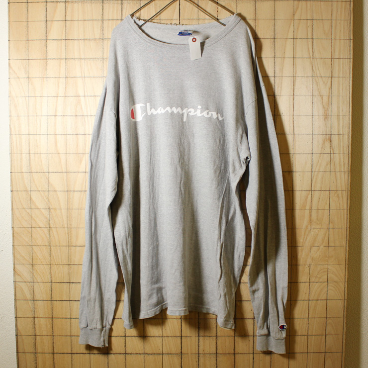 champion/USA製90sビンテージ古着/グレーチャンピオンロゴプリント/ロンT ・長袖Tシャツ/メンズL/ビッグサイズ