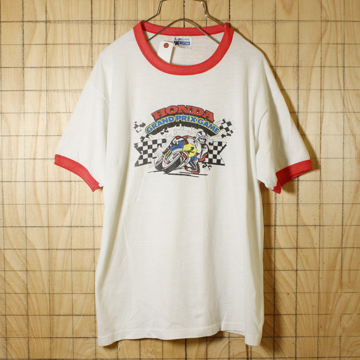 Hanes/USA製80sビンテージ古着/ホワイト×レッド/HONDA GRANDPRIX GAMEプリントリンガーTシャツ/メンズL