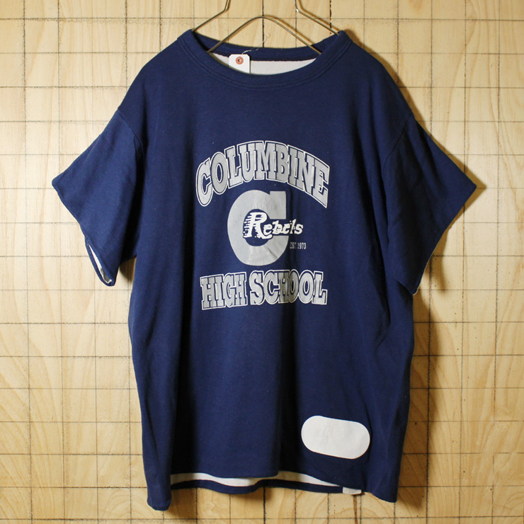 USA製古着/ネイビー×ホワイト/ダブルフェイス/COLUMBINEカレッジプリントTシャツ/メンズL/リバーシブル/ts-435