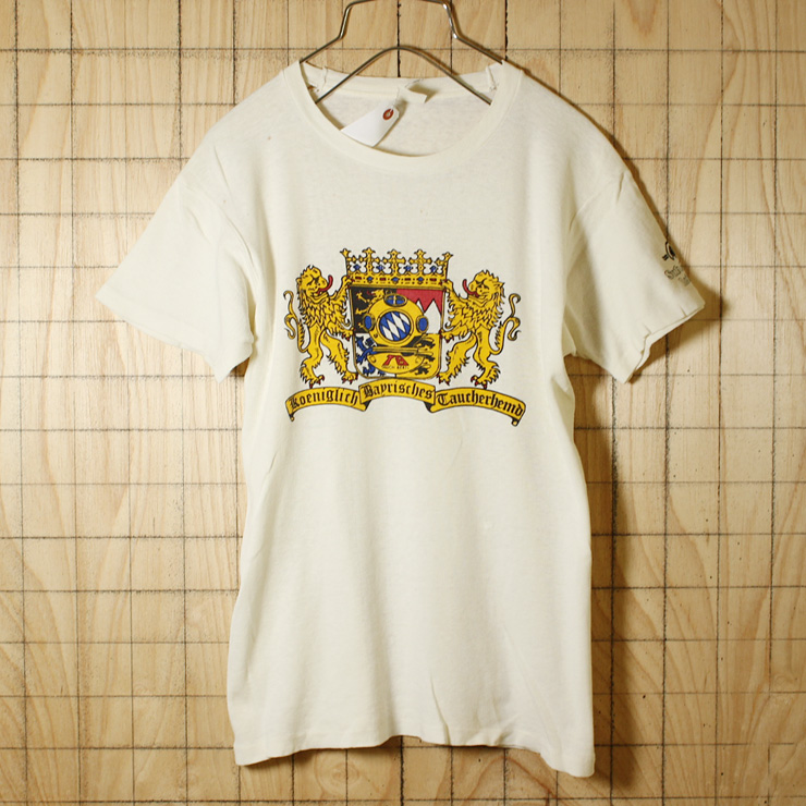 FRUIT OF THE LOOM/USA製70sビンテージ古着/ホワイトTAUCH BERTLプリントTシャツ/メンズM/メンズS相当