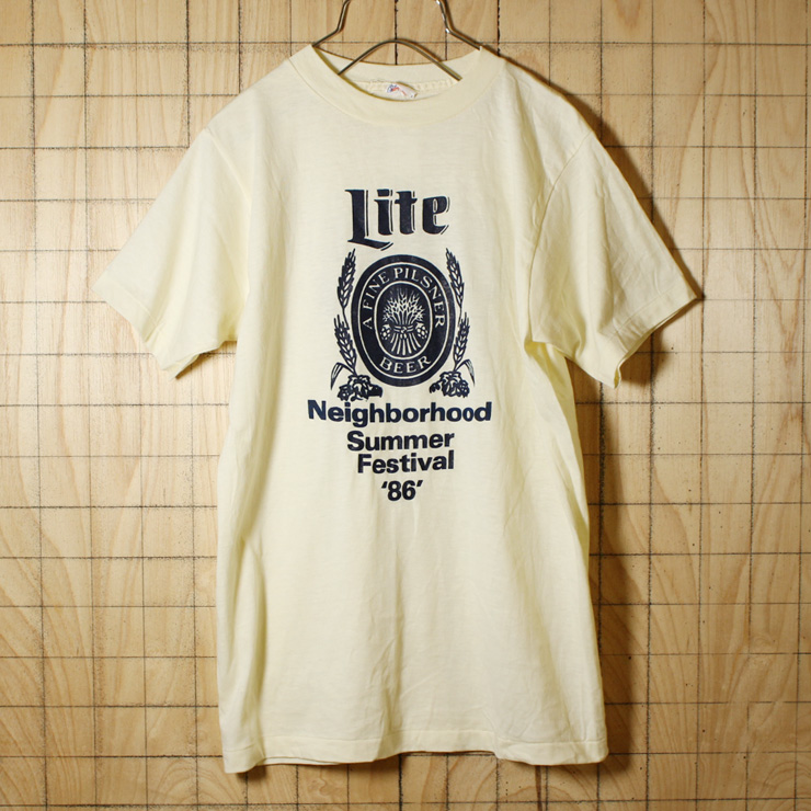 Alore/USA製80s古着/ホワイト・生成り/Miller Lite Beer両面プリントTシャツ/メンズM