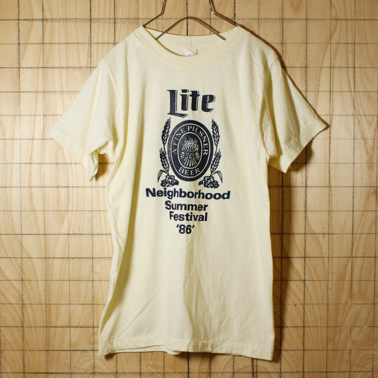 Alore/USA製80s古着/ホワイト・生成り/Miller Lite Beer両面プリントTシャツ/メンズM/ts-440