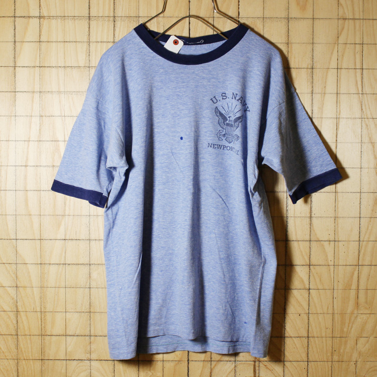 SOFFE/USA製古着/杢ブルー/U.S.NAVY染み込みプリントリンガーTシャツ/メンズM相当