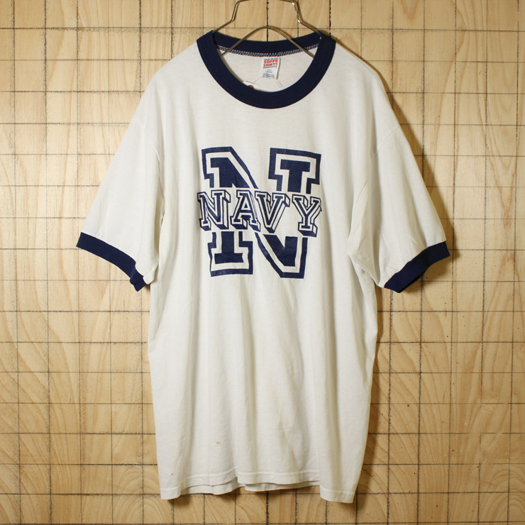 SOFFE/USA製80s古着/ホワイト/U.S.NAVYプリントリンガーTシャツ/メンズL