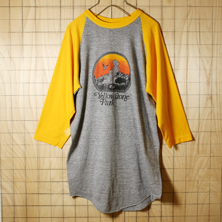 sportswear/USA製80s古着/霜降り杢グレー×イエロー/YellowStone ParkラグランプリントTシャツ/七分袖/メンズXL