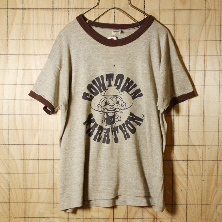 Russell Athletic/USA製70sビンテージ古着/杢ブラウン/COWTOWN MARATHON両面プリントリンガーTシャツ/メンズLサイズ