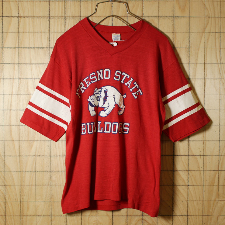 Logo7/USA製70s古着/レッド/FRESNO STATE BULLDOGSプリントVネックTシャツ/メンズS