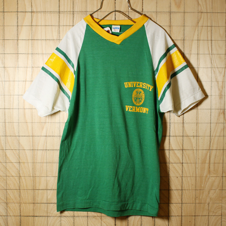 championバータグ/USA製70sビンテージ古着/グリーン袖メッシュ/カレッジプリントラグランTシャツ/メンズL