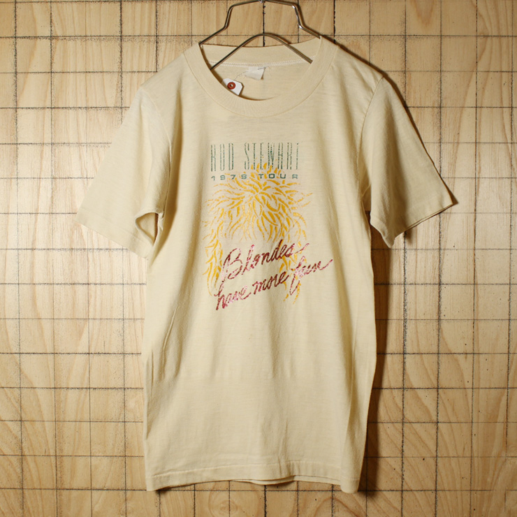 USA製70sビンテージ古着/ベージュ/ROD STEWART1979TOUR/両面プリントTシャツ/レディースS相当