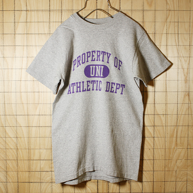 The Cotton Exchange/USA製80s古着/霜降り杢グレー/ATHLETIC DEPT3段プリントTシャツ/メンズS