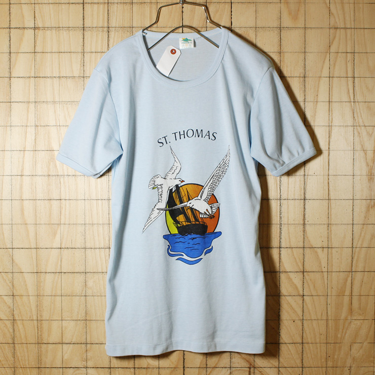 CARIBBEAN T'S/古着/ライトブルー/ST.THOMASプリントTシャツ/レディースXL