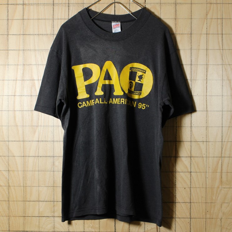 SOFFE SHIRTS/USA製古着/ブラック×イエロー/PAO CAMP ALL-AMERICAN 95/半袖プリントTシャツ/メンズM/ts-472