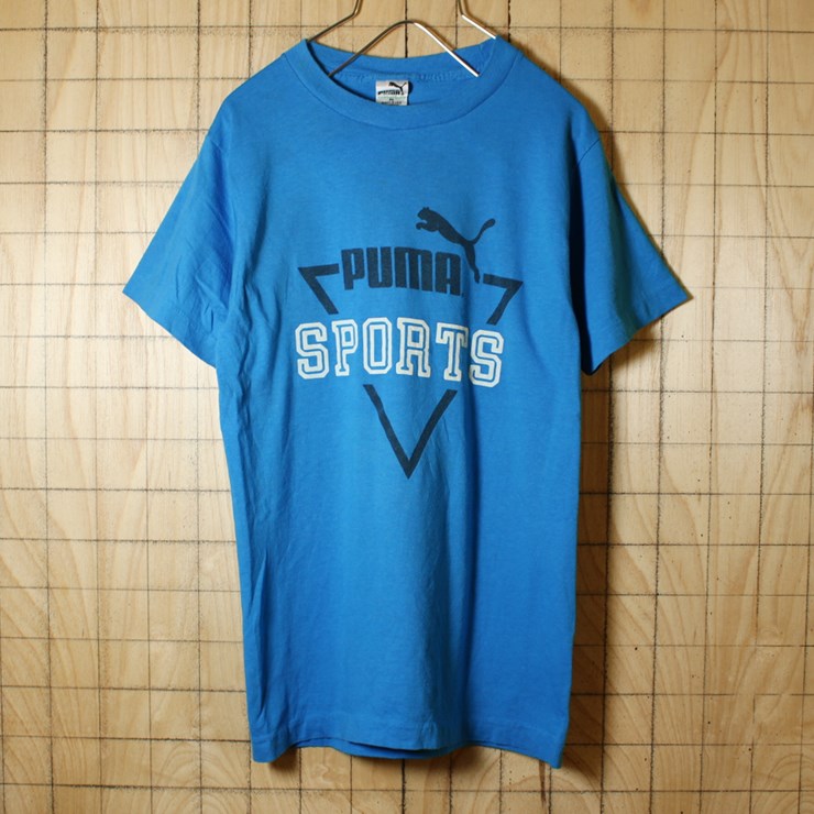 古着 USA製 PUMA プーマ Tシャツ ブルー プリント 半袖 レディースM ts480