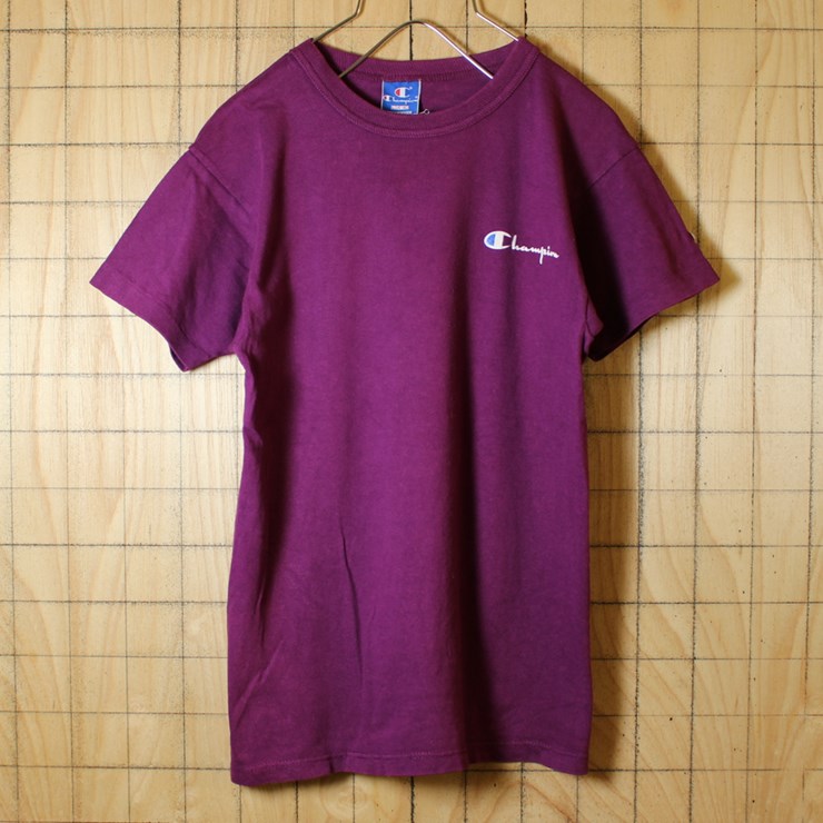 90s 古着 Champion チャンピオン ワンポイント Tシャツ USA製 パープル プリント 半袖 レディース・キッズサイズ ts482