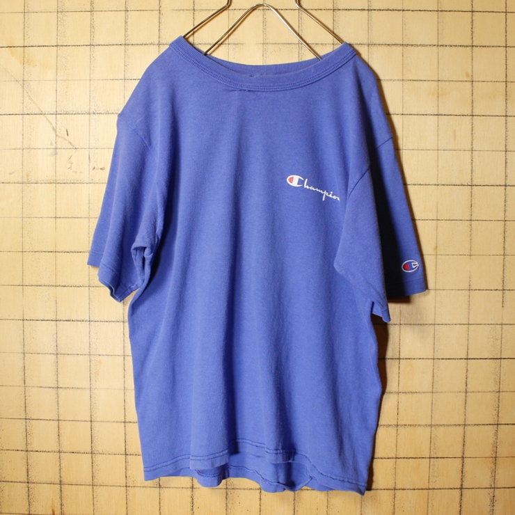 90s USA製 Champion チャンピオン ロゴプリント Tシャツ ブルー 青 メンズM相当 アメリカ古着