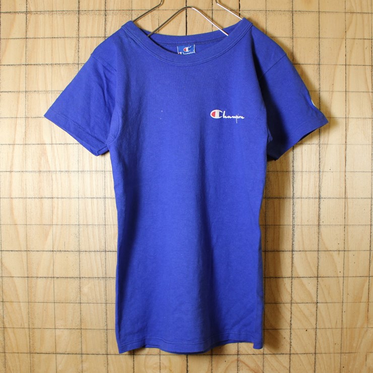 90s 古着 Champion チャンピオン ワンポイント Tシャツ USA製 ブルー プリント 半袖 レディース・キッズサイズ ts485