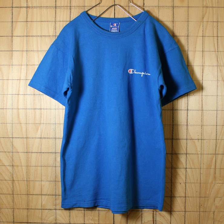 古着 Champion チャンピオン ワンポイント Tシャツ USA製 90s ライトブルー プリント 半袖 メンズSM相当 ts486