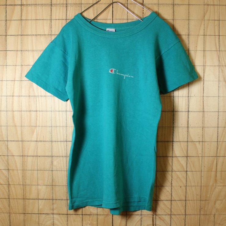 80s 古着 Champion チャンピオン ワンポイント Tシャツ USA製 グリーン トリコタグ プリント 半袖 レディース・キッズサイズ ts487